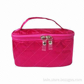 Promotional Cosmetic Bag, Made of Satin, Quilting Design with Double PVC Zipper Puller